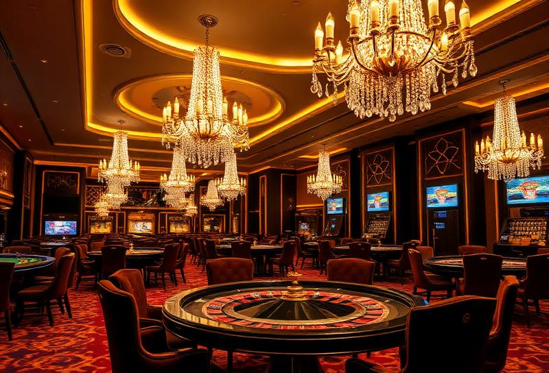 Luxury casino interior with crystal chandeliers